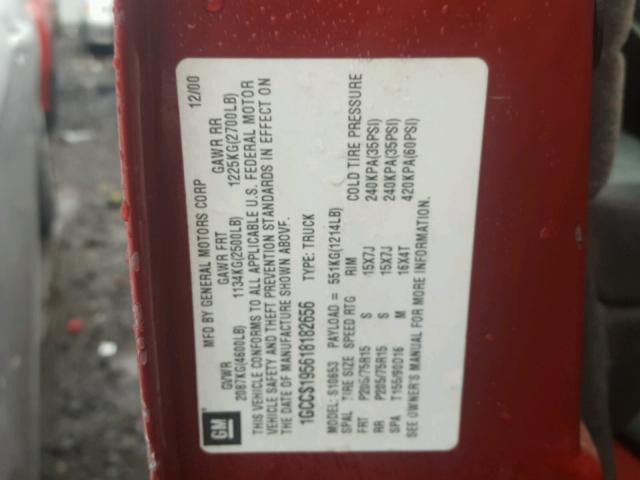 1GCCS195618182656 - 2001 CHEVROLET S TRUCK S1 RED photo 10