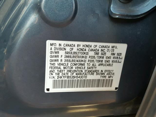 2HKYF18535H543070 - 2005 HONDA PILOT EXL BLUE photo 10