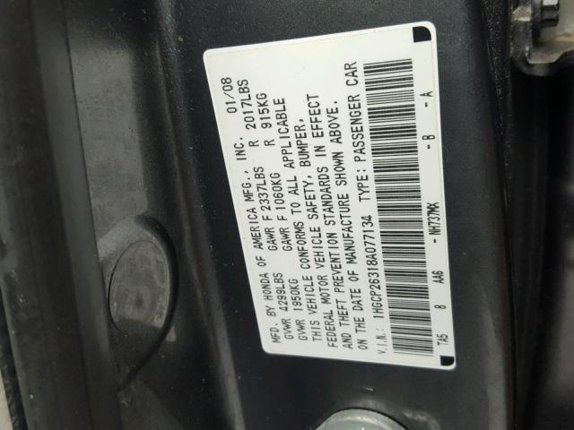 1HGCP26318A077134 - 2008 HONDA ACCORD LX GRAY photo 10