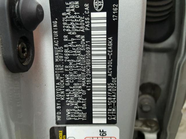 4T1BE30K36U106971 - 2006 TOYOTA CAMRY LE SILVER photo 10