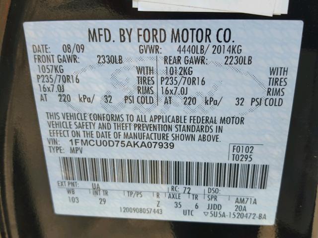 1FMCU0D75AKA07939 - 2010 FORD ESCAPE XLT BLACK photo 10