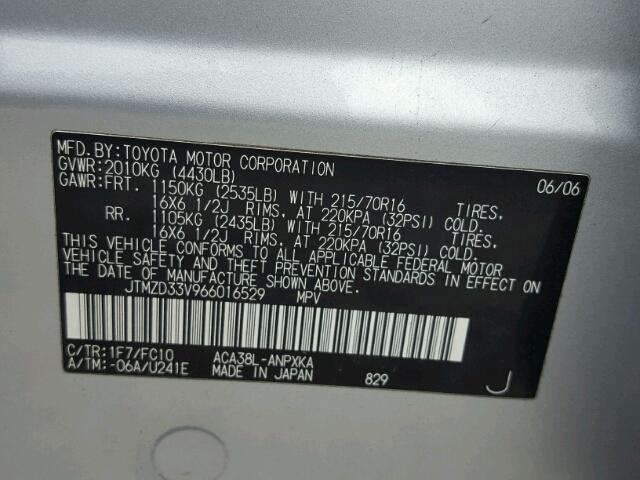 JTMZD33V966016529 - 2006 TOYOTA RAV4 SILVER photo 10