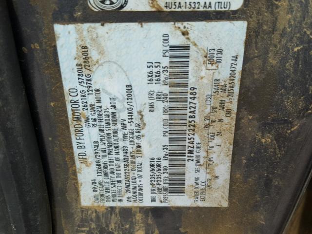 2FMZA52225BA27489 - 2005 FORD FREESTAR S GRAY photo 10