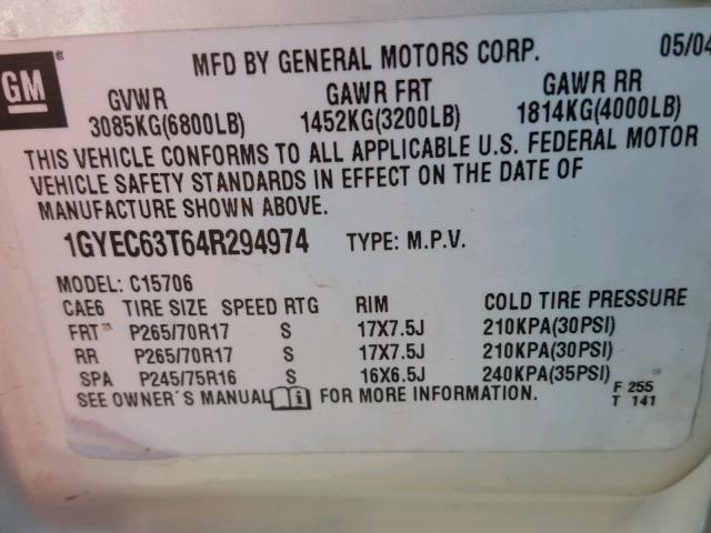 1GYEC63T64R294974 - 2004 CADILLAC ESCALADE L WHITE photo 10