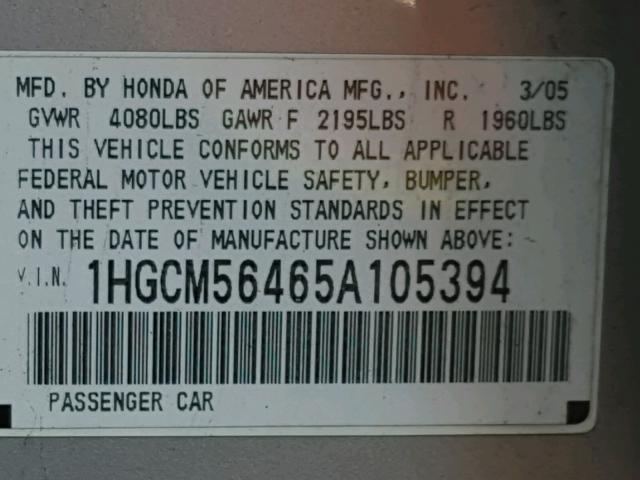 1HGCM56465A105394 - 2005 HONDA ACCORD LX SILVER photo 10