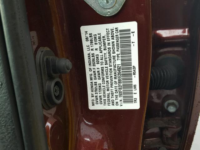 19XFB2F88EE264921 - 2014 HONDA CIVIC EX BURGUNDY photo 10