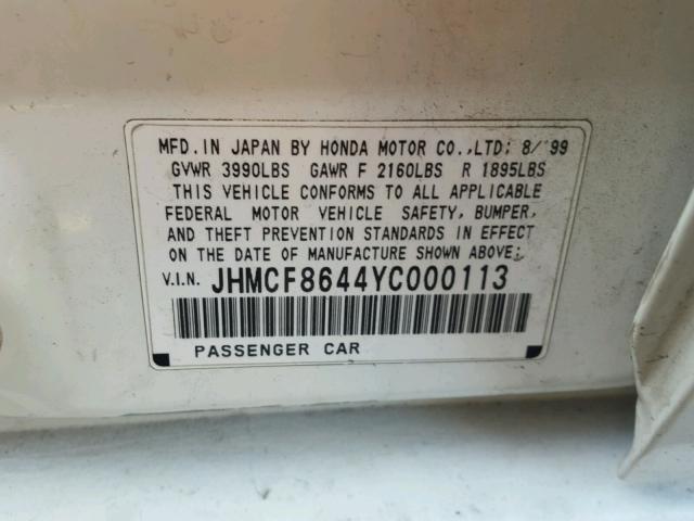 JHMCF8644YC000113 - 2000 HONDA ACCORD DX WHITE photo 10