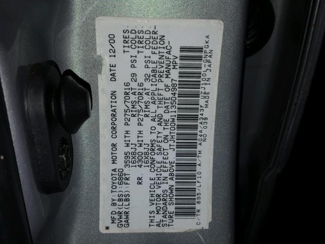 JTJHT00W113504987 - 2001 LEXUS LX 470 GRAY photo 10