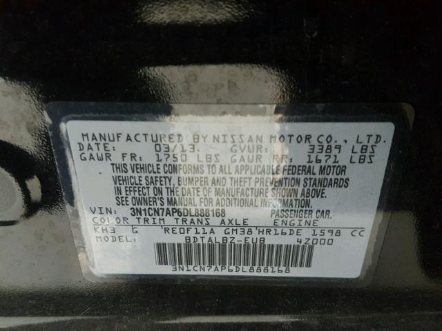 3N1CN7AP6DL888168 - 2013 NISSAN VERSA S BLACK photo 10