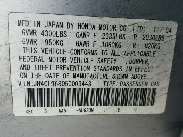 JH4CL96805C003443 - 2005 ACURA TSX SILVER photo 10