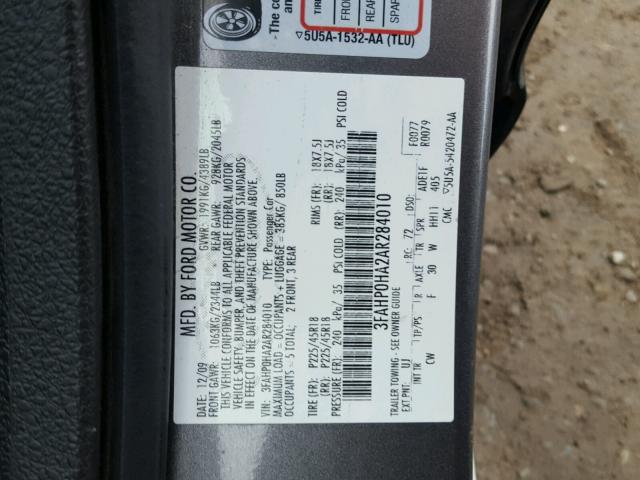 3FAHP0HA2AR284010 - 2010 FORD FUSION SE GRAY photo 10