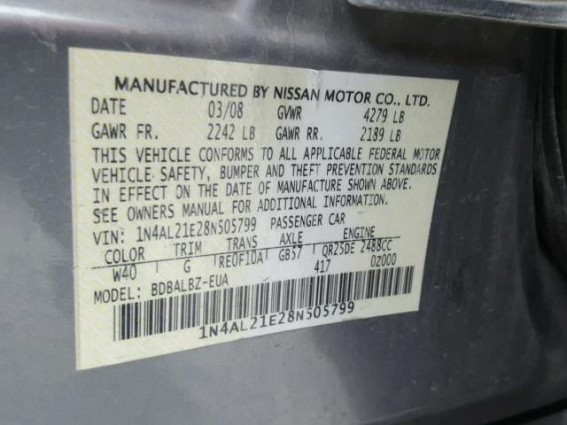 1N4AL21E28N505799 - 2008 NISSAN ALTIMA 2.5 GRAY photo 10