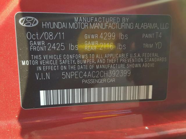 5NPEC4AC2CH392399 - 2012 HYUNDAI SONATA SE RED photo 10