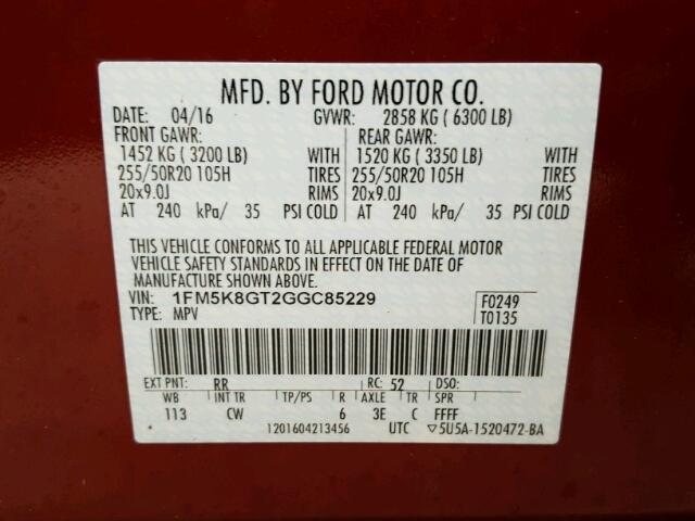 1FM5K8GT2GGC85229 - 2016 FORD EXPLORER S 红色 照片 10