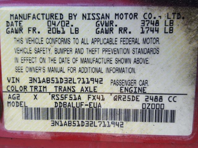 3N1AB51D32L711942 - 2002 NISSAN SENTRA SE- RED photo 10