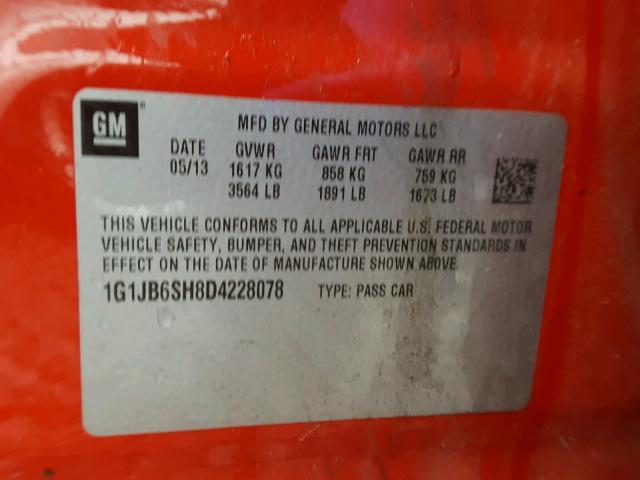 1G1JB6SH8D4228078 - 2013 CHEVROLET SONIC LS 红色 照片 10