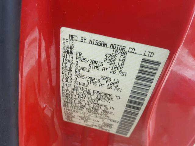 1N6DD21S71C332788 - 2001 NISSAN FRONTIER X RED photo 10