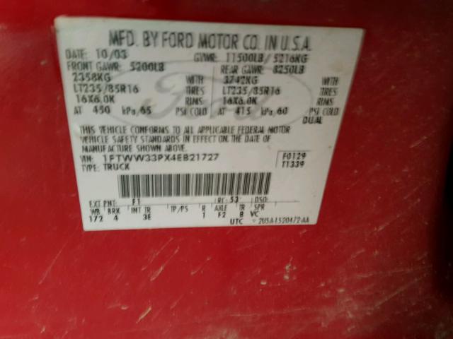 1FTWW33PX4EB21727 - 2004 FORD F350 SUPER RED photo 10