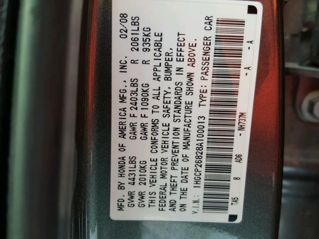 1HGCP26828A100013 - 2008 HONDA ACCORD EXL GRAY photo 10