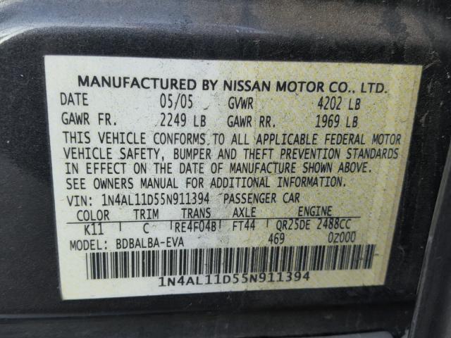 1N4AL11D55N911394 - 2005 NISSAN ALTIMA S GRAY photo 10