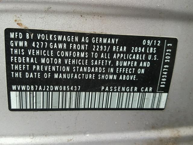 WVWDB7AJ2DW085437 - 2013 VOLKSWAGEN GOLF 银色 照片 10