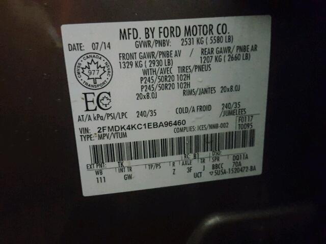 2FMDK4KC1EBA96460 - 2014 FORD EDGE LIMIT GRAY photo 10