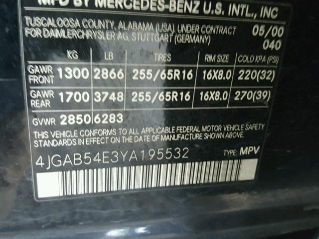 4JGAB54E3YA195532 - 2000 MERCEDES-BENZ ML 320 BLACK photo 10