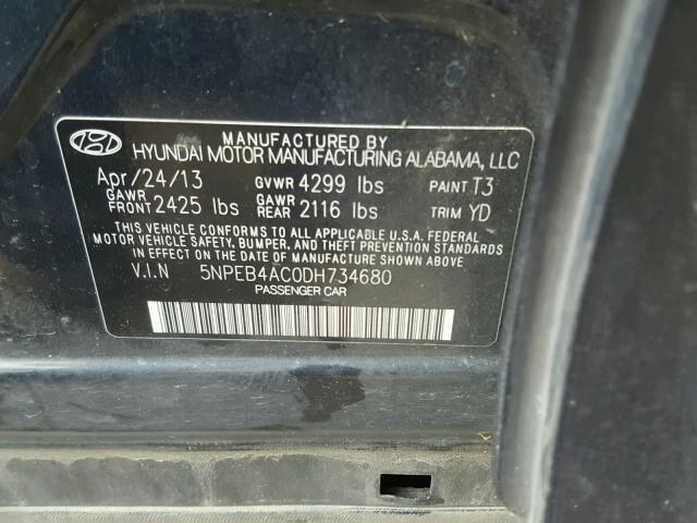 5NPEB4AC0DH734680 - 2013 HYUNDAI SONATA GLS BLUE photo 10