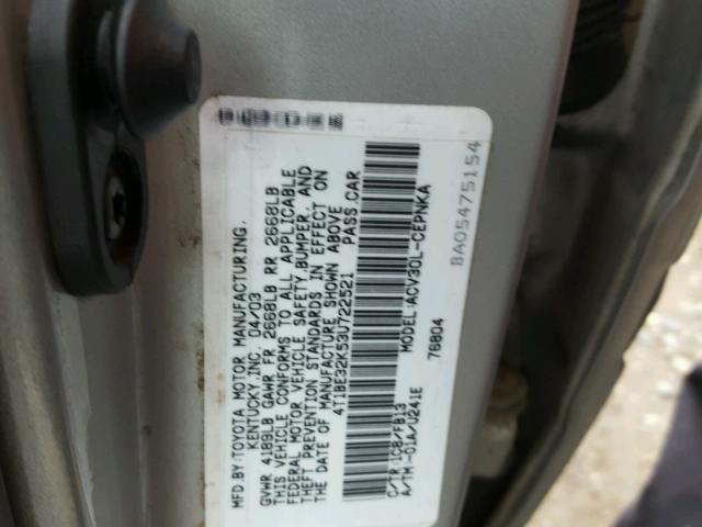 4T1BE32K53U722521 - 2003 TOYOTA CAMRY LE SILVER photo 10