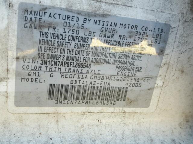 3N1CN7AP8FL896548 - 2015 NISSAN VERSA S WHITE photo 10