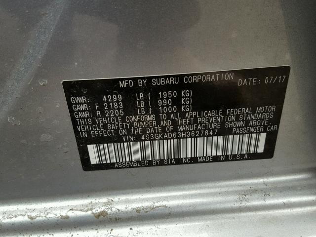 4S3GKAD63H3627847 - 2017 SUBARU IMPREZA PR SILVER photo 10