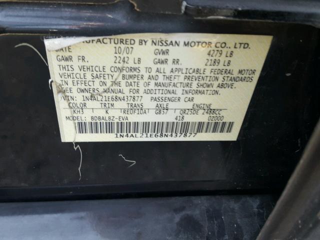 1N4AL21E68N437877 - 2008 NISSAN ALTIMA 2.5 BLACK photo 10