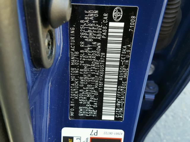 4T1BF1FK6GU576728 - 2016 TOYOTA CAMRY LE BLUE photo 10