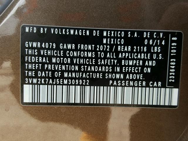 3VW2K7AJ5EM309922 - 2014 VOLKSWAGEN JETTA BASE 棕色 照片 10