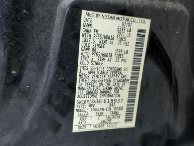 5N1BR18A38C618937 - 2008 NISSAN PATHFINDER BLACK photo 10