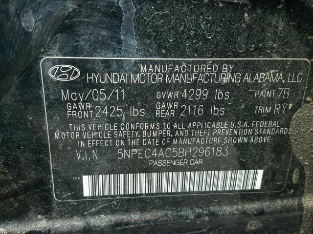 5NPEC4AC5BH296183 - 2011 HYUNDAI SONATA SE BLACK photo 10