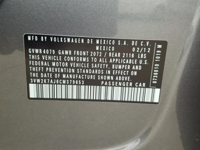 3VW2K7AJ6CM379653 - 2012 VOLKSWAGEN JETTA BASE GRAY photo 10