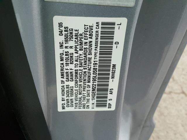 1HGEM22195L058191 - 2005 HONDA CIVIC DX V SILVER photo 10