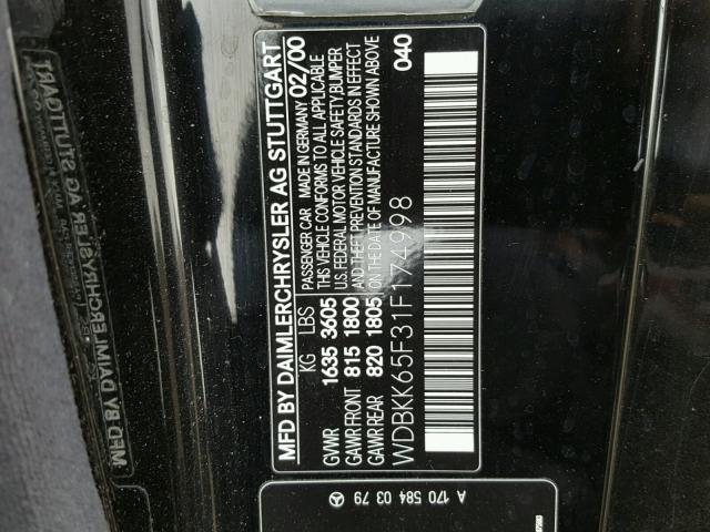 WDBKK65F31F174998 - 2001 MERCEDES-BENZ SLK 320 BLACK photo 10