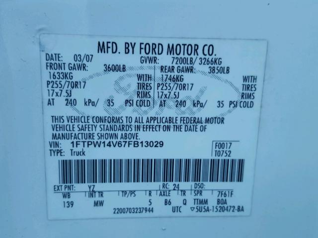 1FTPW14V67FB13029 - 2007 FORD F150 SUPER WHITE photo 10