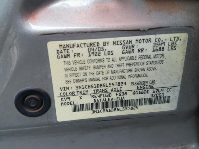 3N1CB51D85L557824 - 2005 NISSAN SENTRA 1.8 BEIGE photo 10