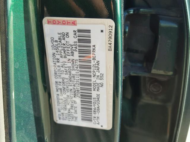 JTDBT123110124275 - 2001 TOYOTA ECHO GREEN photo 10