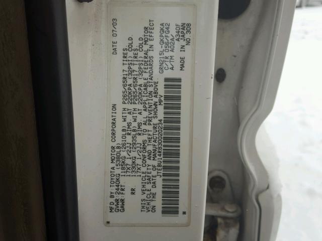 JTEBU14R830020234 - 2003 TOYOTA 4RUNNER SR WHITE photo 10