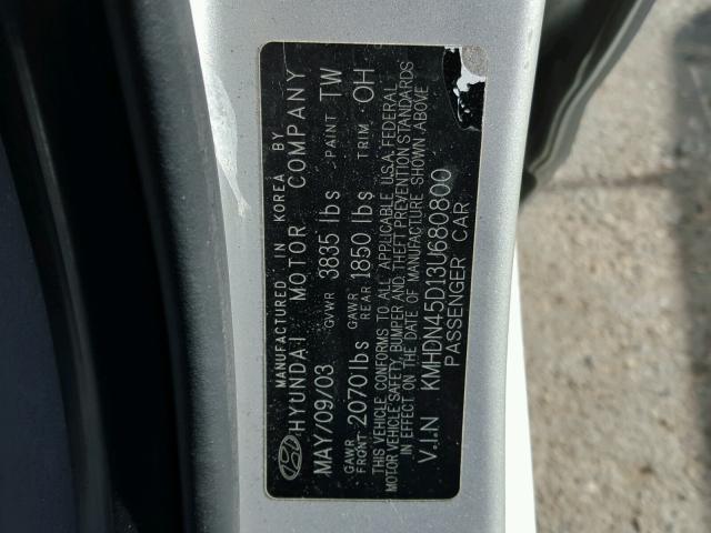 KMHDN45D13U680800 - 2003 HYUNDAI ELANTRA GL SILVER photo 10