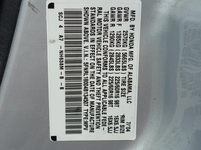 5FNRL18004B134507 - 2004 HONDA ODYSSEY EX SILVER photo 10