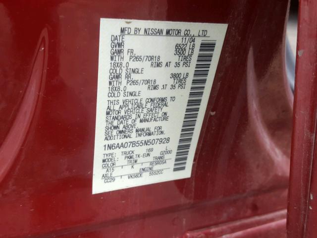 1N6AA07B55N507928 - 2005 NISSAN TITAN XE RED photo 10