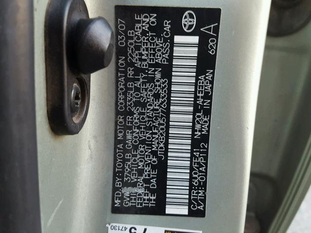 JTDKB20U577633533 - 2007 TOYOTA PRIUS GREEN photo 10