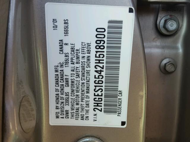 2HGES16542H518900 - 2002 HONDA CIVIC LX GOLD photo 10