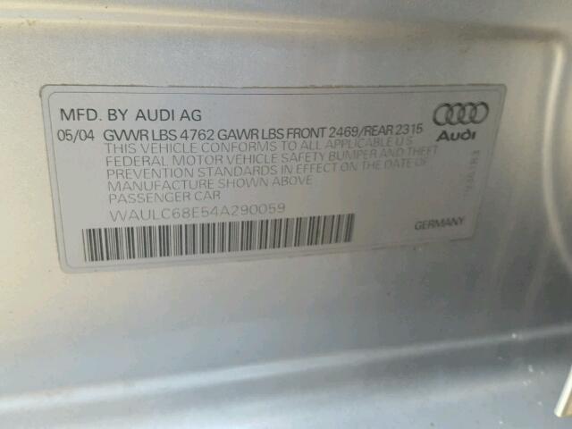 WAULC68E54A290059 - 2004 AUDI A4 1.8T QU SILVER photo 10