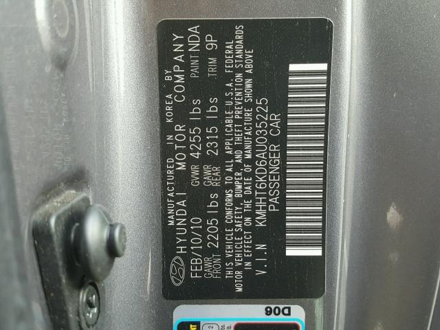 KMHHT6KD6AU035225 - 2010 HYUNDAI GENESIS CO GRAY photo 10